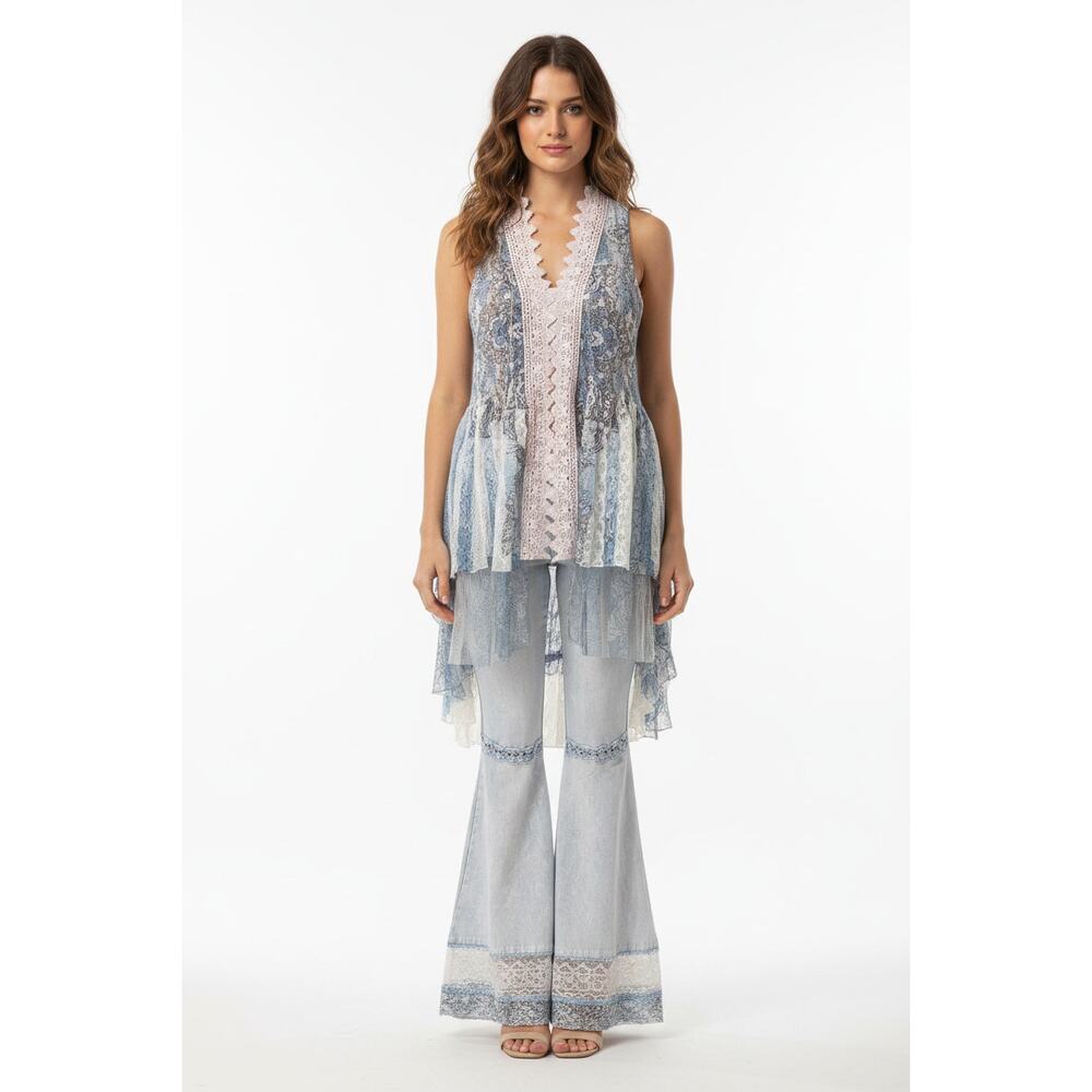 Origami Hi-Lo Lace Blue White Multicolor Vest Small